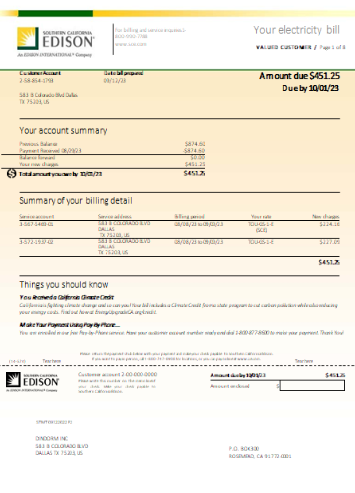 Southern California EDISON utility business bill, page 1 SCR PSD template